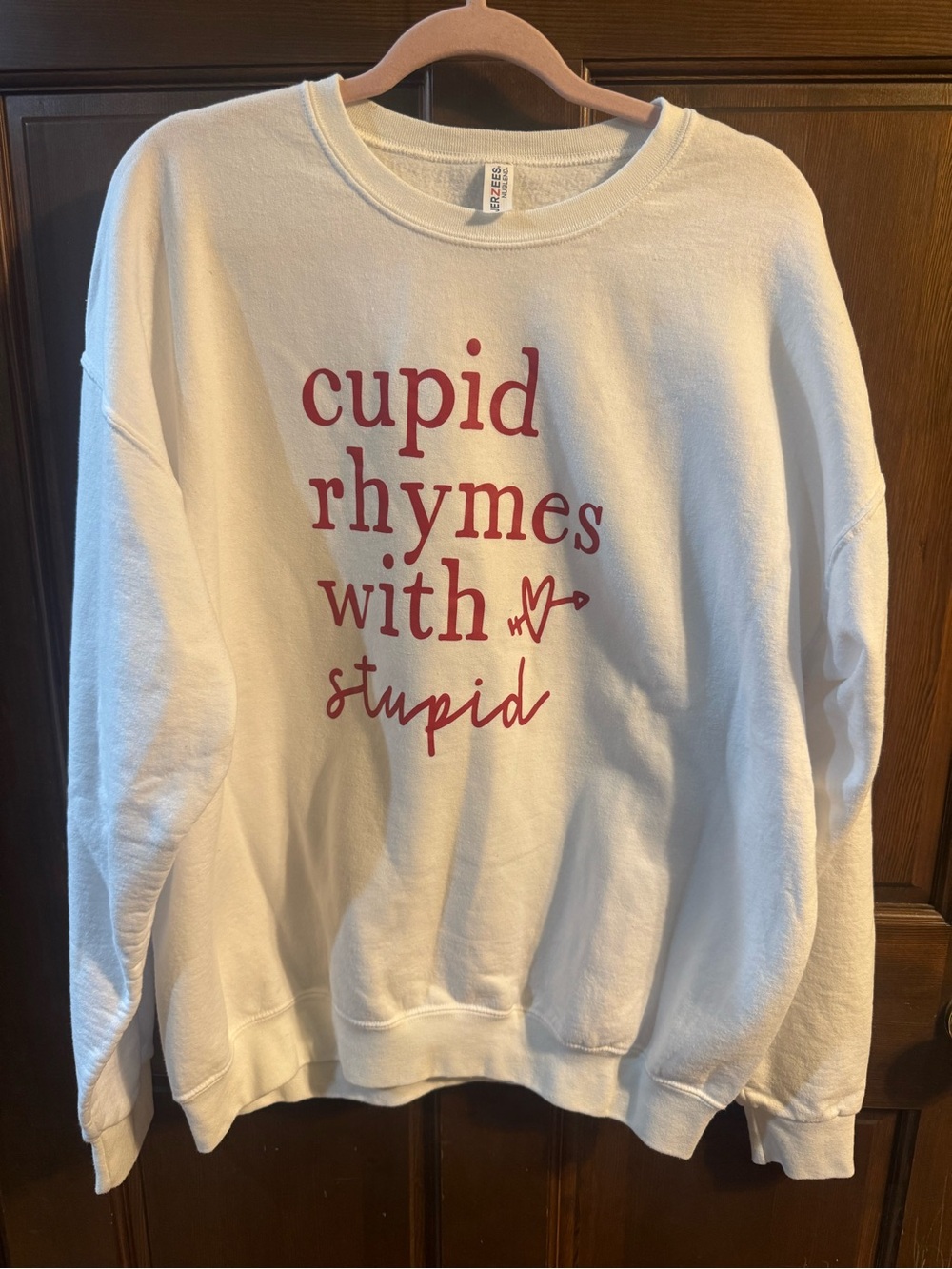 Jerzees Cream Sweatshirt with Red Script - Cupid Rhymes